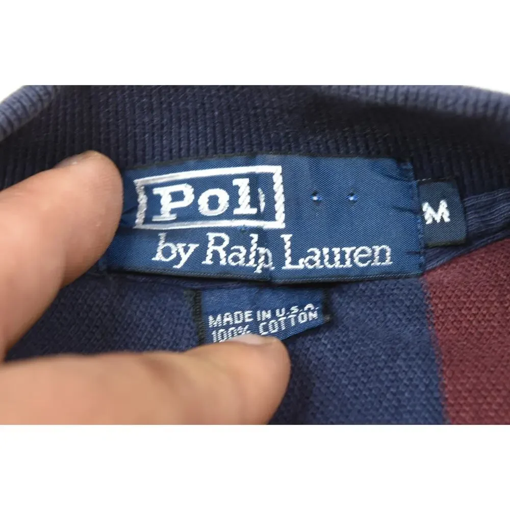 Vintage Polo Ralph Lauren Polo Shirt Mens Medium Maroon Blue Stripe Long Sleeve